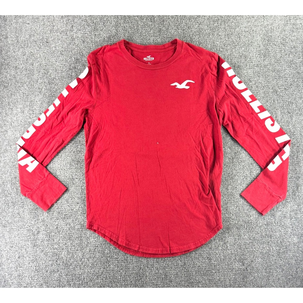Y2K Hollister Mens Long Sleeve Graphic T-Shirt Red‎ Logo Sleeve Print Small S